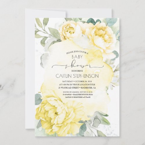 Yellow Floral Soft Greenery Baby Shower Invitation