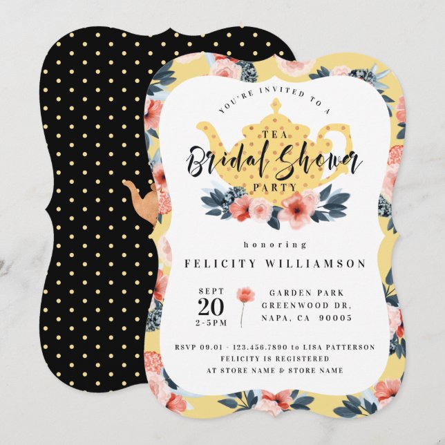 Yellow Floral Tea Party Bridal Shower Invitation (Front/Back)