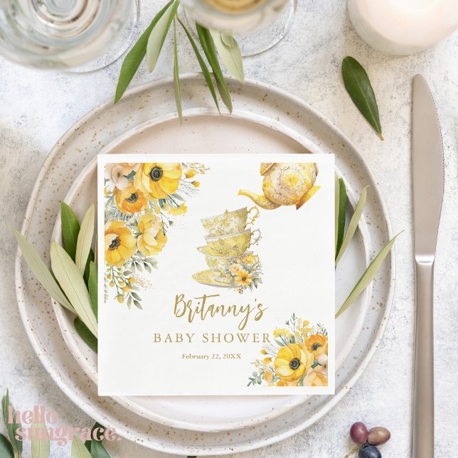 Yellow Floral Tea Party Cups Baby Shower  Napkins (Creator Uploaded)