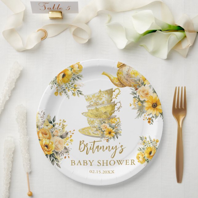 Yellow Floral Tea Party Cups Baby Shower Paper Plates (Wedding)