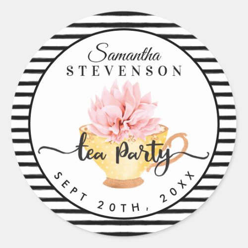 Yellow Floral Tea Party Teacup Stripe Baby Shower Classic Round Sticker