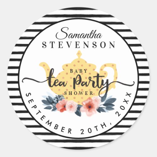 Yellow Floral Tea Party Teapot Stripe Baby Shower Classic Round Sticker