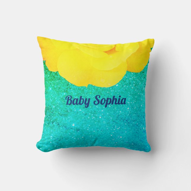 Yellow Floral Teal Blue Green Glitter Girl Room Throw Pillow (Front)