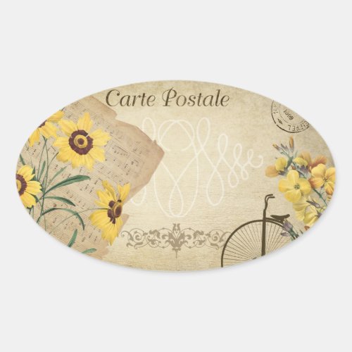Yellow Floral Vintage French Post Card Scrapbook Oval Sticker