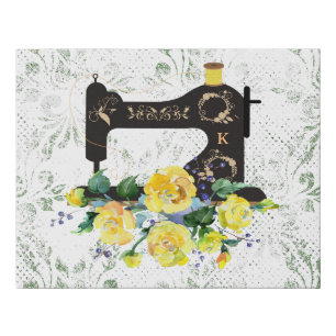 Yellow Floral Vintage Sewing Machine Monogram Faux Canvas Print