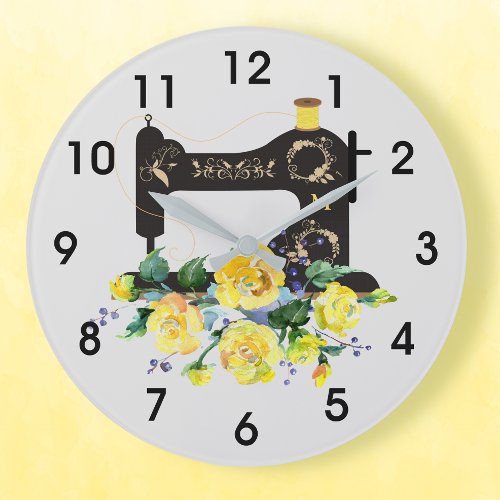 Yellow Floral Vintage Sewing Machine Monogram Large Clock