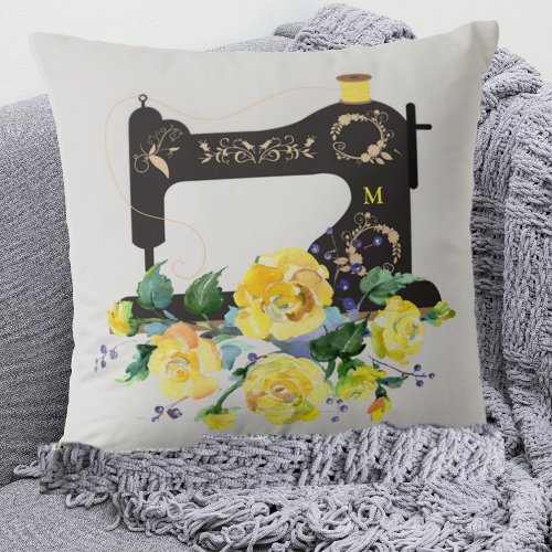 Yellow Floral Vintage Sewing Machine Monogram Throw Pillow