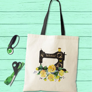 Yellow Floral Vintage Sewing Machine Monogram Tote Bag