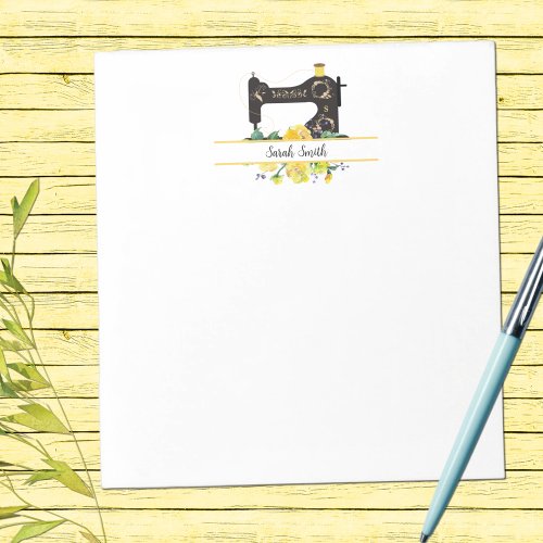 Yellow Floral Vintage Sewing Machine Personalized Notepad