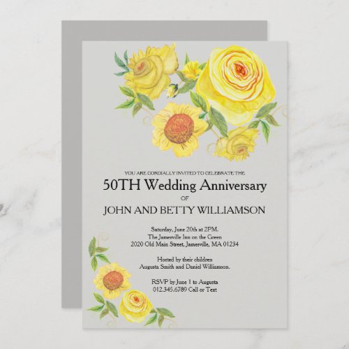 Yellow Floral Watercolor 50th Wedding Anniversary Invitation