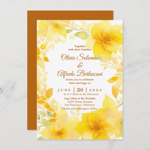 Yellow floral watercolor boho modern wedding  invitation