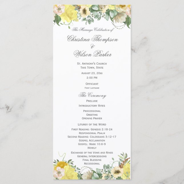 Yellow Floral Watercolor Bouquet Wedding Program (Front)