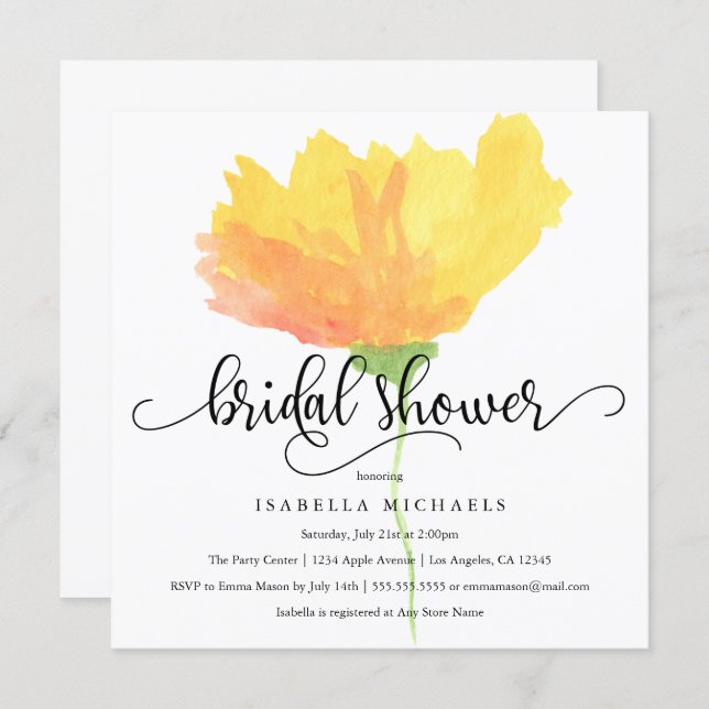 Yellow Floral Watercolor | Bridal Shower Invite (Front/Back)