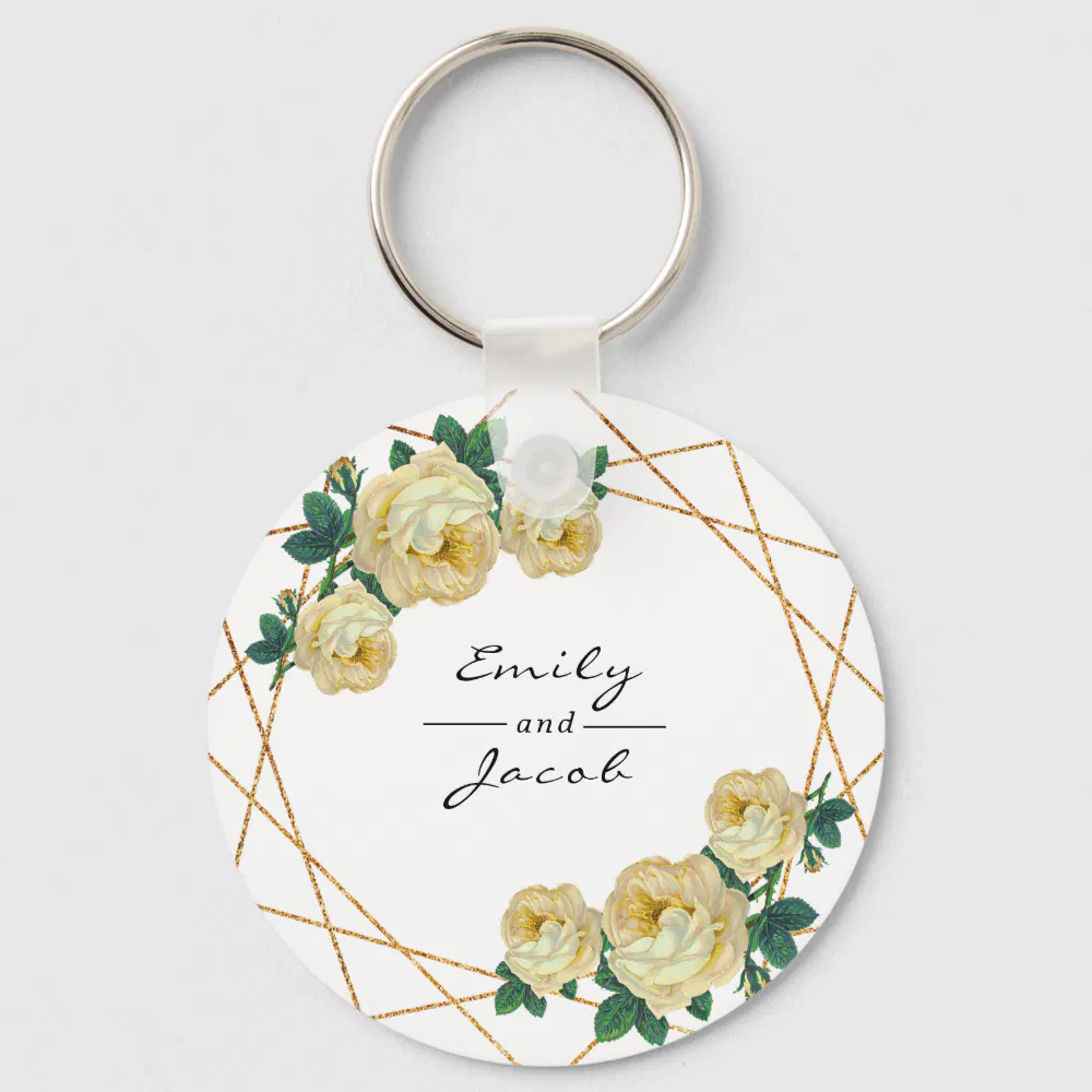 Yellow Floral Wed Elegant Gold Glitter Geometric Keychain