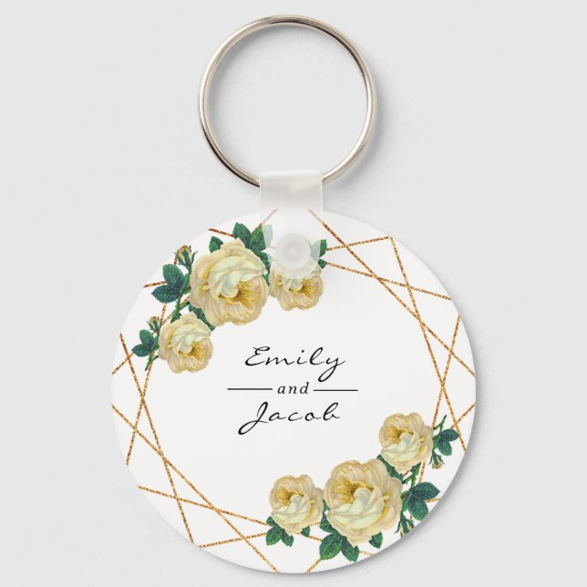 Yellow Floral Wed Elegant Gold Glitter Geometric Keychain (Front)