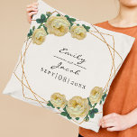 Yellow Floral Wed Elegant Gold Glitter Geometric Throw Pillow<br><div class="desc">Design features an elegant faux gold glitter geometric frame pattern. Overlaid with watercolor yellow roses and greenery foliage on two corners. Personalize this template to add your information. Click to customize further to make more changes. Everything is customizable.

Need customization or questions then contact designer Sandy at admin@giftsyoutreasure.com</div>