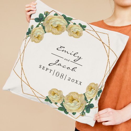Yellow Floral Wed Elegant Gold Glitter Geometric Throw Pillow
