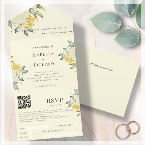Yellow Floral  Wedding QR Code RSVP   All In One Invitation