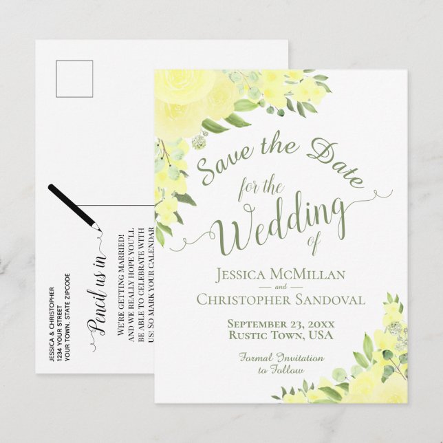 Yellow Floral Wedding Save the Date Calligraphy Announcement Postcard (Front/Back)