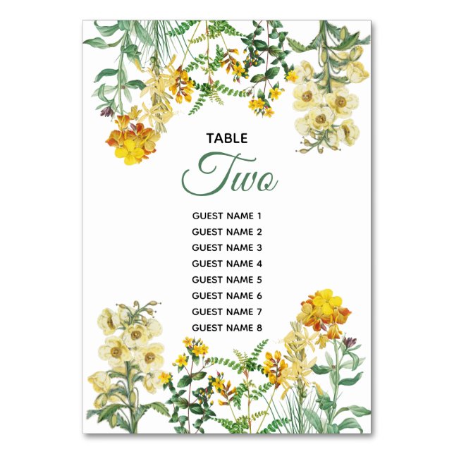 Yellow Floral Wedding Table Number Guest Names (Front)