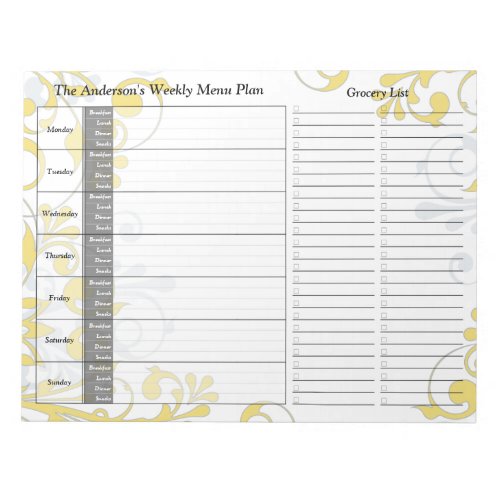 Yellow Floral Weekly Personalized Menu Planner Notepad