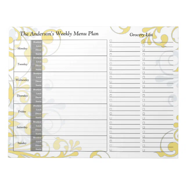 Yellow Floral Weekly Personalized Menu Planner Notepad | Zazzle