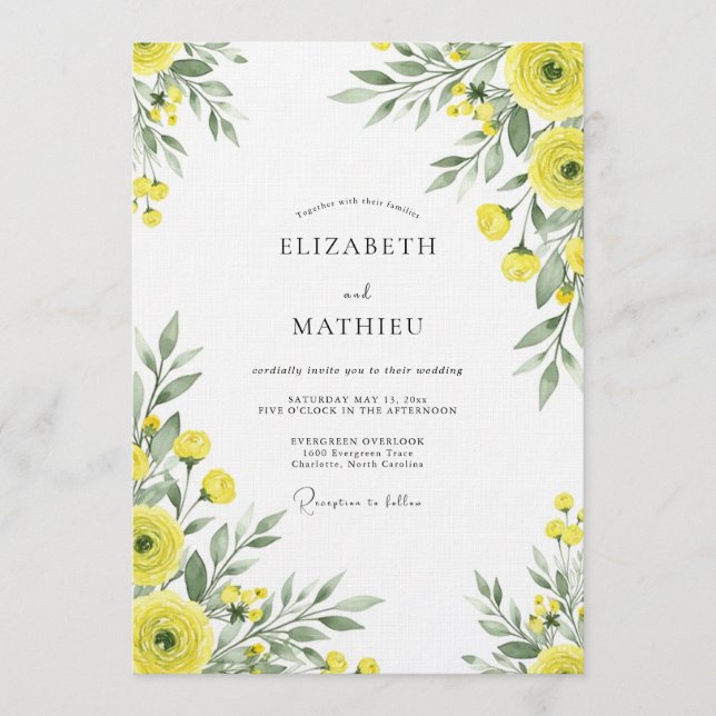 Yellow Floral Whimsy Wedding Invitation (Front)