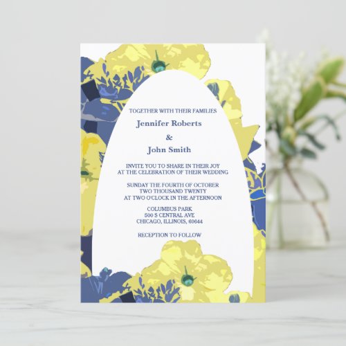 Yellow Floral White Blue Custom Artsy Arch Wedding Invitation