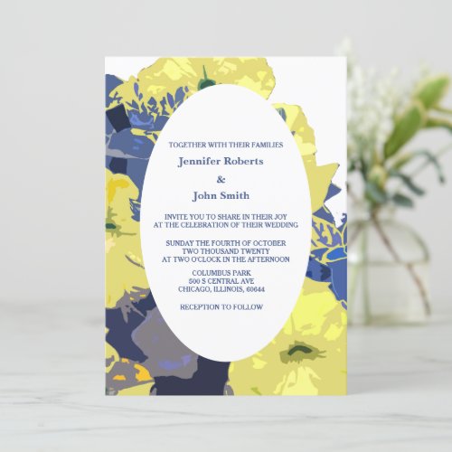 Yellow Floral White Blue Custom Artsy Cute Wedding Invitation