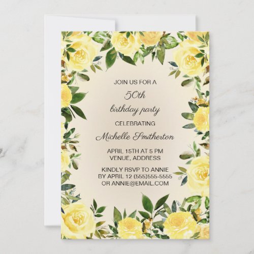 Yellow Floral Womans 50th Birthday Party Invitation