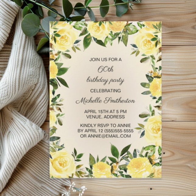 Yellow Floral Woman's 60th Birthday Party    Invitation (Yellow floral and greenery women's 60th birthday party invitation)