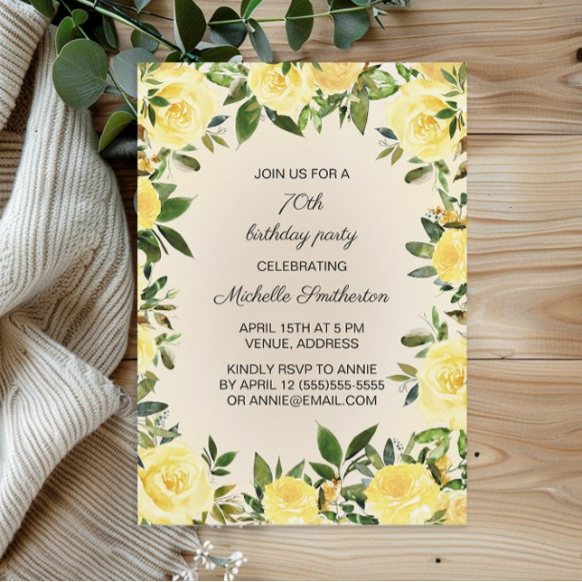 Yellow Floral Woman's 70th Birthday Party   Invitation (Yellow floral and greenery 70th birthday party invitation)