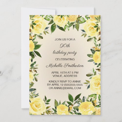Yellow Floral Womans 90th Birthday Party Invitation