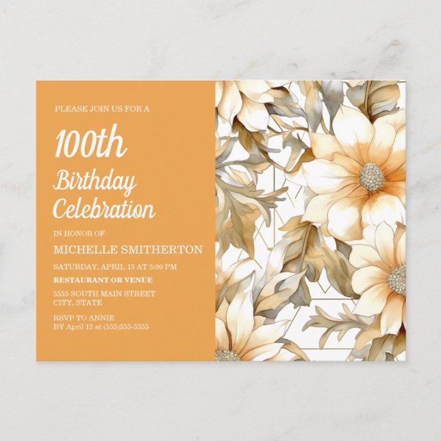 Yellow Floral Women's 100th Birthday Invitation Postcard (Front)