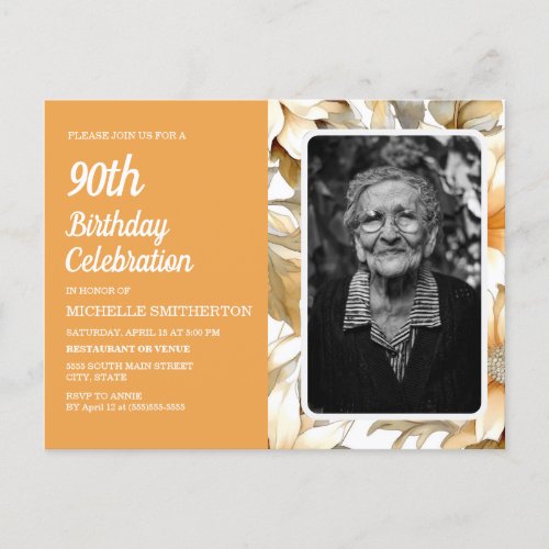 Yellow Floral Womens 90th Birthday Photo Invitation Postcard