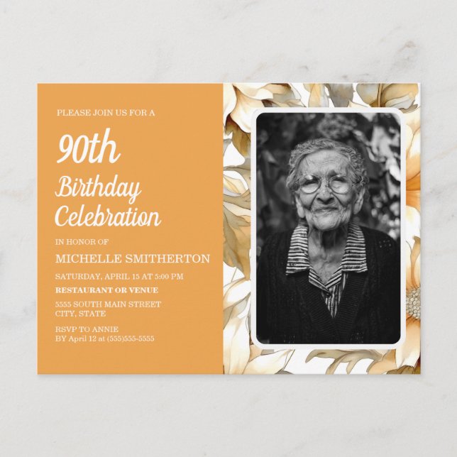 Yellow Floral Women's 90th Birthday Photo Invitation Postcard (Front)