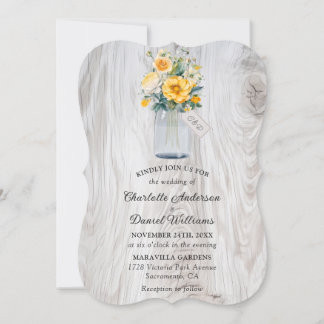 Yellow Floral Wood Mason Jar Wedding Invitation