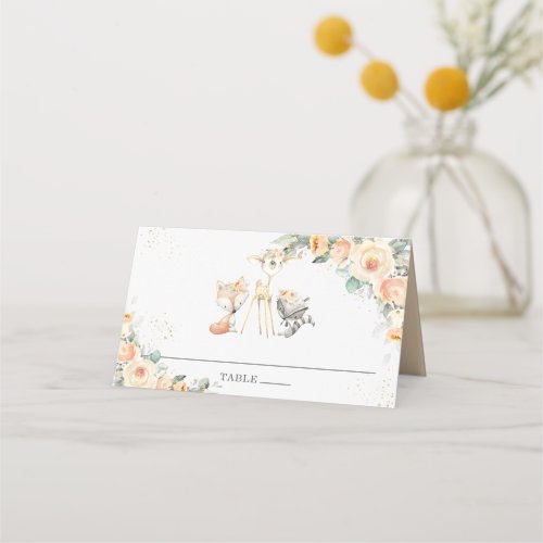 Yellow Floral Woodland Animals Baby Shower Party Place Card