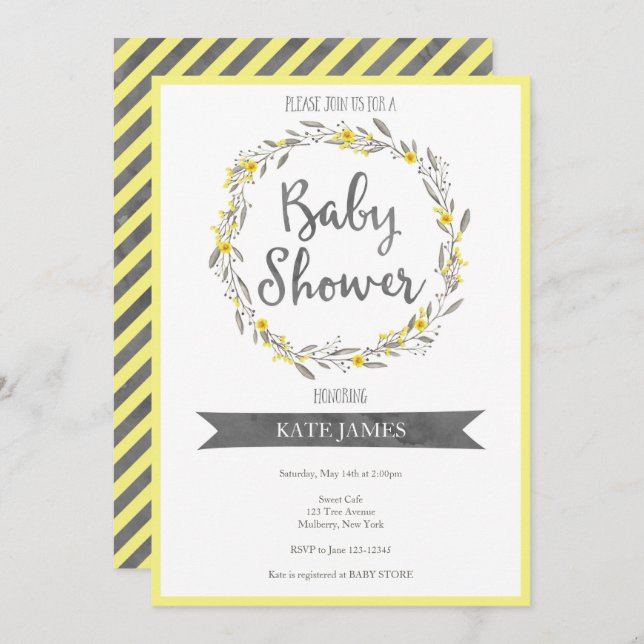 Yellow Floral Wreath Baby Shower Invitation (Front/Back)