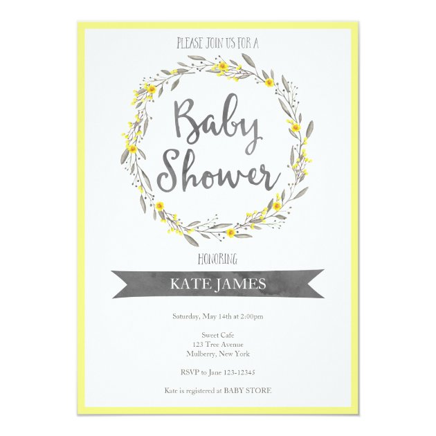 Yellow Floral Wreath Baby Shower Invitation