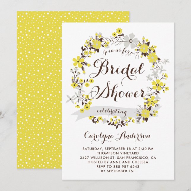 Yellow Floral Wreath Bridal Shower Invitation (Front/Back)