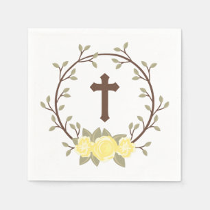Yellow Floral Wreath Cross Baptism Christening Napkins