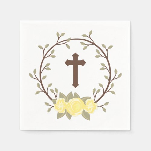 Yellow Floral Wreath Cross Baptism Christening Napkins