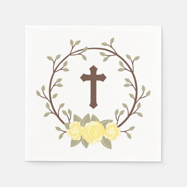 Yellow Floral Wreath Cross Baptism Christening Napkins (Front)