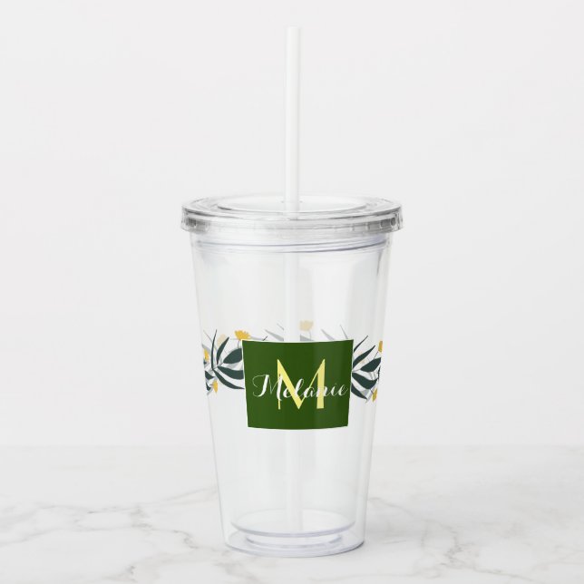 Yellow Floral Wreath Initial Monogram Name Acrylic Tumbler (Front)