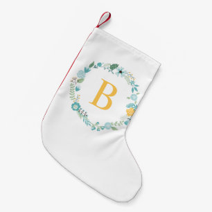 Yellow Floral Wreath Monogram Small Christmas Stocking