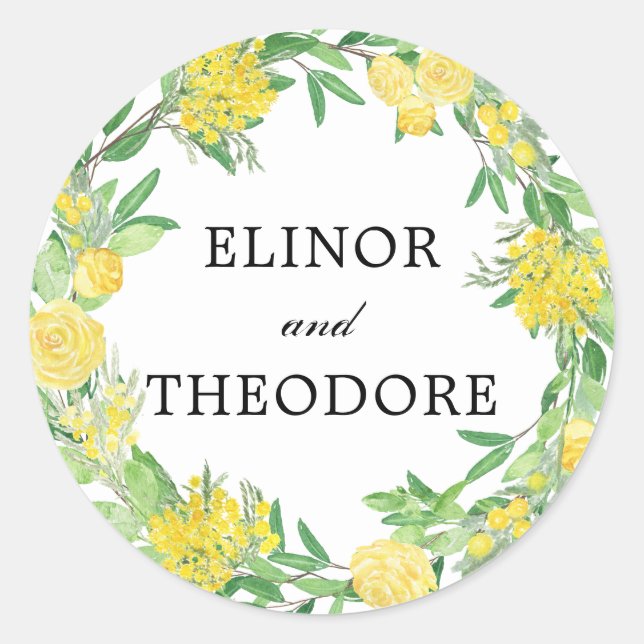Yellow Floral Wreath Wedding Classic Round Sticker (Front)