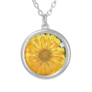Yellow floral yellow flower yellow daisy silver plated necklace