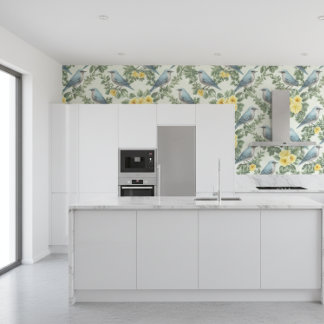 Yellow Florals And Blue Birds  Wallpaper