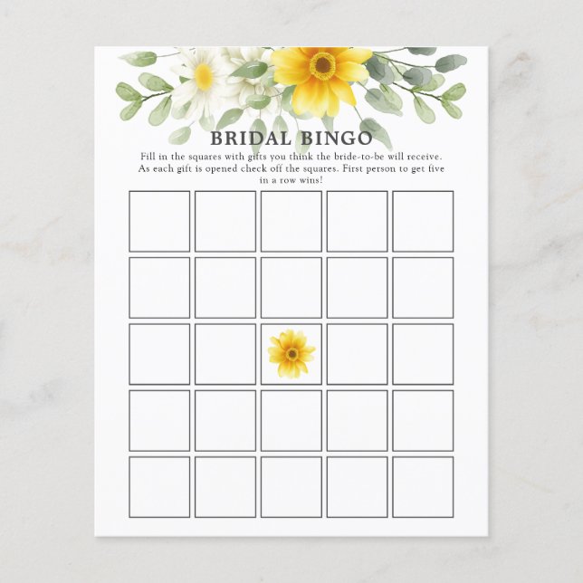 Yellow Florals Greenery Bridal Shower Bingo Game (Front)
